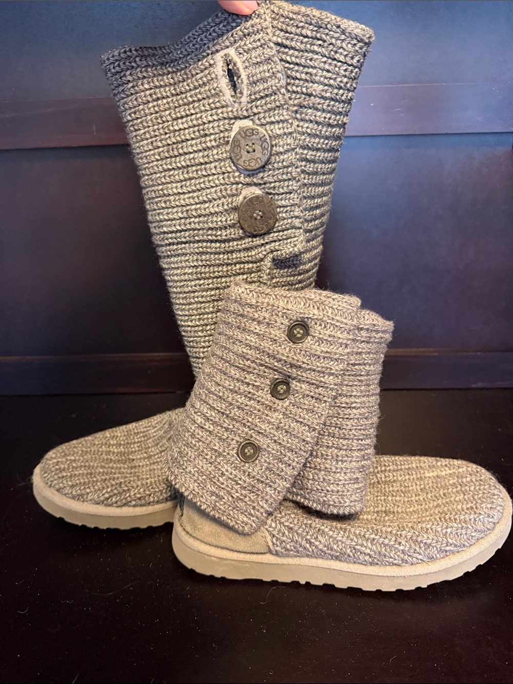 Ugg Knit Buttoned Tall Boot Slippers in Heather gray